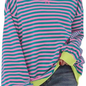 Striped women’s sweatshirt. Oversized pink and green. Size Small